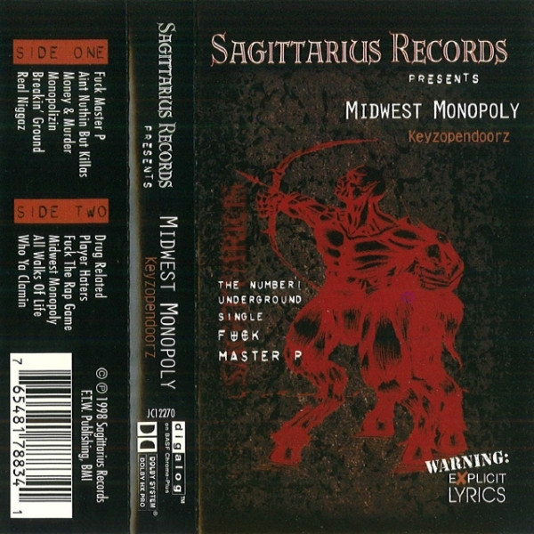 1998 Keyzopendoorz cassette J-card with dark red figure and Sagittarius Records lettering
