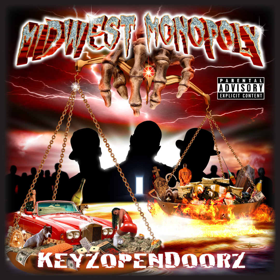 2019 Keyzopendoorz Pen and Pixel CD cover with skeletal hand, scales, car, money and red lightning