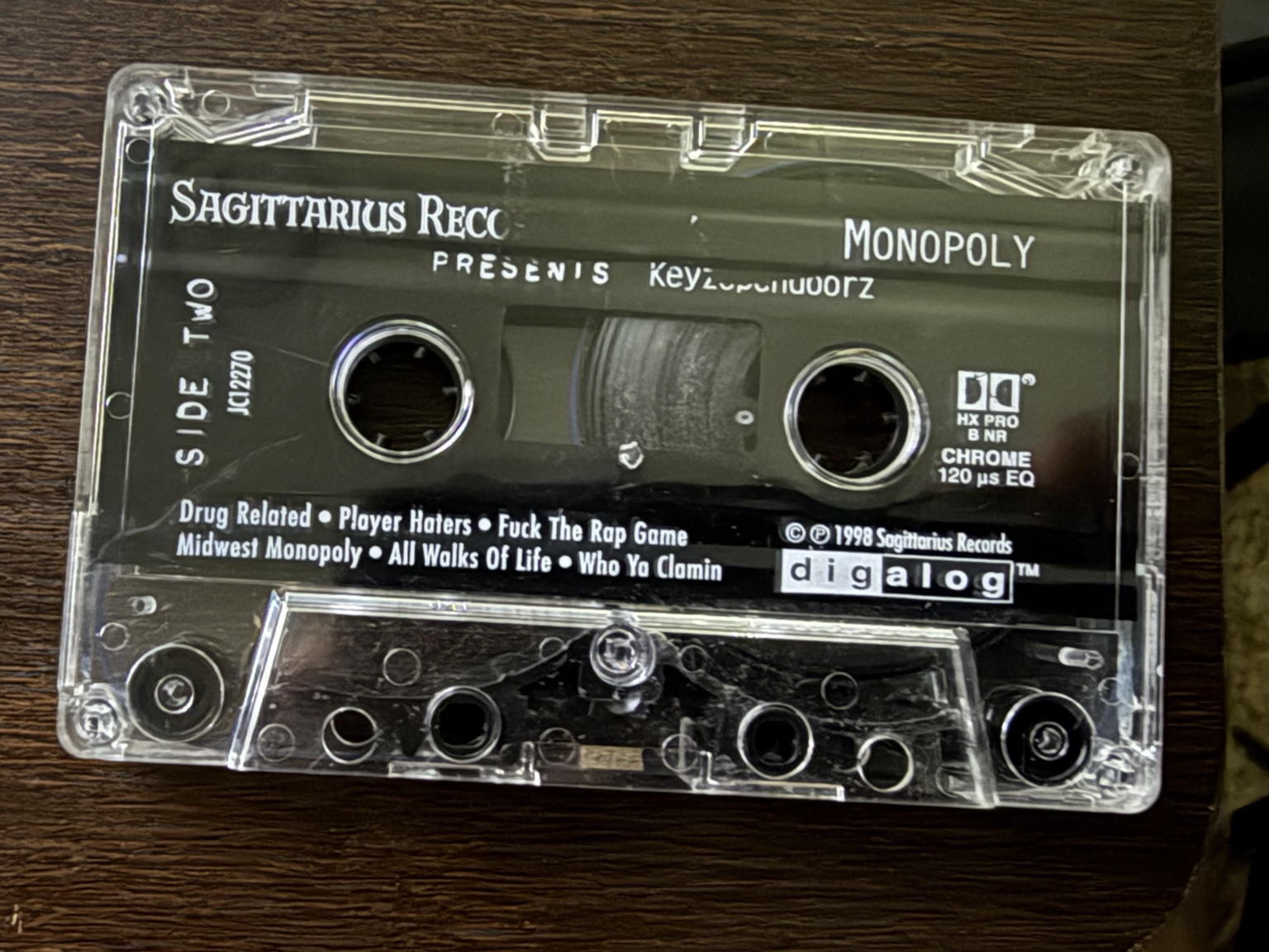 Original Keyzopendoorz cassette label, Side Two, showing the printed tracks and 1998 Sagittarius Records credit